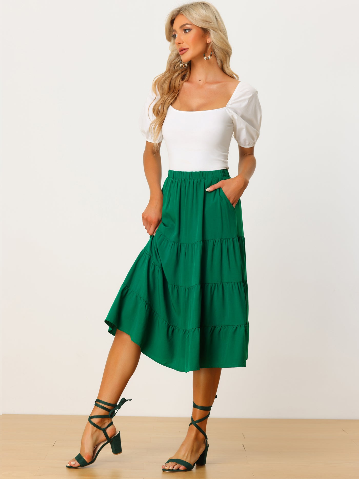 Allegra K Midi Solid Elastic Waist Flare Tiered Long Pockets A-Line Skirt
