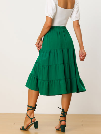 Midi Solid Elastic Waist Flare Tiered Long Pockets A-Line Skirt