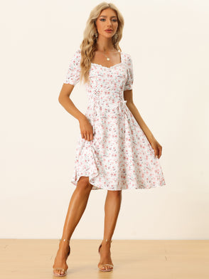 Summer Waist Lace Up Short Sleeve Floral Ruffle A-Line Midi Dress