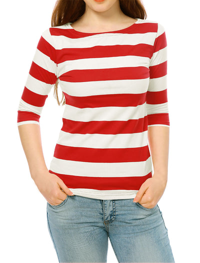 Striped Elbow Sleeve Casual Basic Boat Neck T-shirt