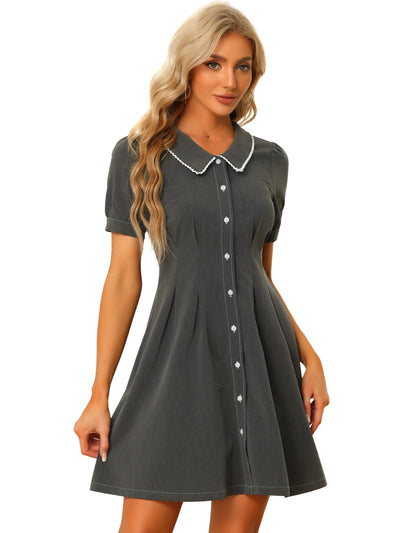 Chambray Puff Short Sleeve Flared Button Front Shirt Dress