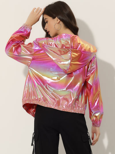 Holographic Party Shiny Lightweight Zipper Hooded Metallic Jacket