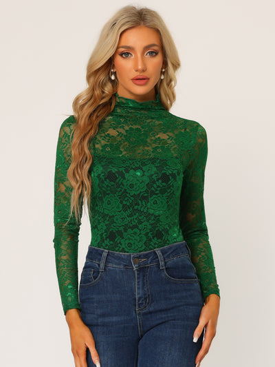 Allegra K See Through Long Sleeve Turtleneck Sheer Floral Lace Blouse