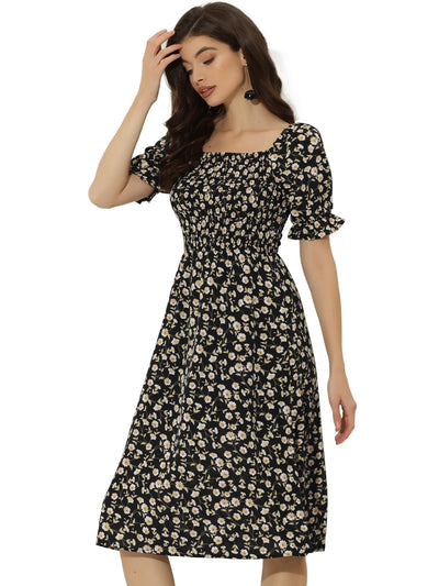 Square Neck Puff Sleeve Shirred Floral Casual Midi Dress