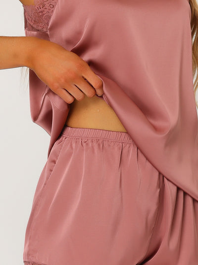 Sleepwear Pajama Satin Lace Trim Cami Tops with Shorts Lounge Pj Set