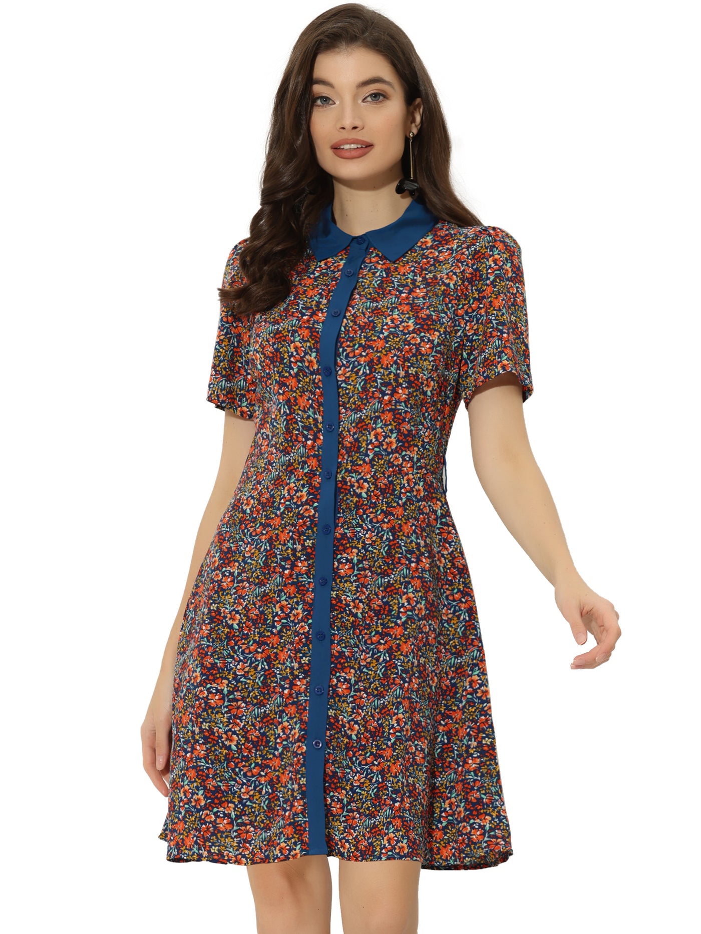 Allegra K Short Sleeve Contrast Collar Belted Floral Shirt Dress