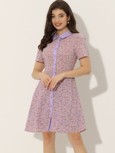 Allegra K Short Sleeve Contrast Collar Belted Floral Shirt Dress