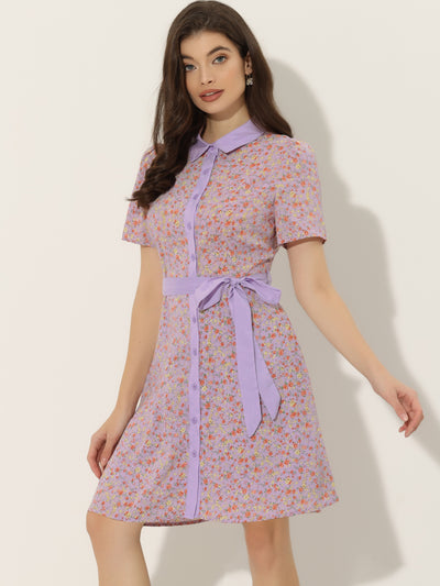 Short Sleeve Contrast Collar Belted Floral Shirt Dress