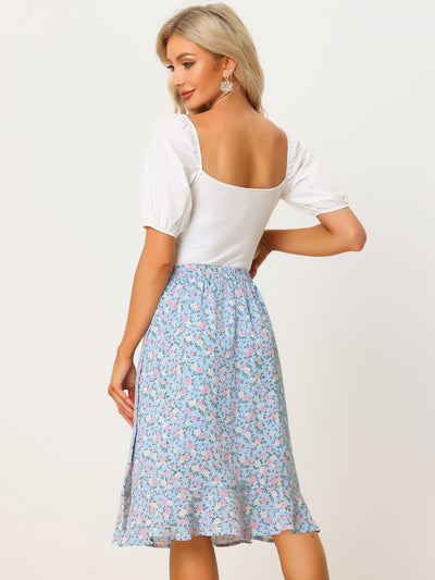 Floral Ruffle Elastic High Waist Button Flowy Split Midi Skirt