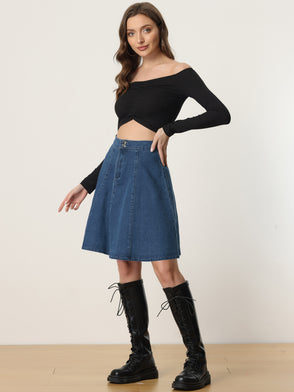 High Waisted A-Line Flared Casual Denim Midi Jean Skirt