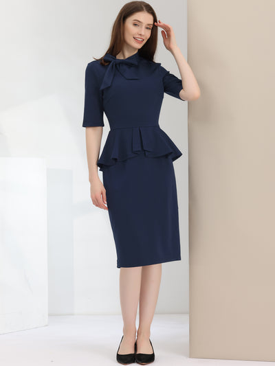 Round Neck Pencil Bow Ruffle Business Peplum Solid Color Dress