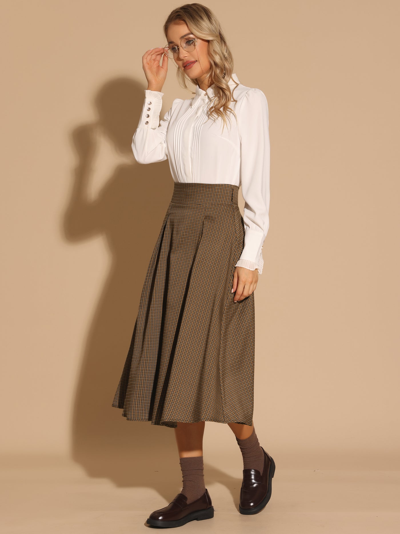 Allegra K Women's Vintage Checked High Waist Belted A-Line Plaid Skirt