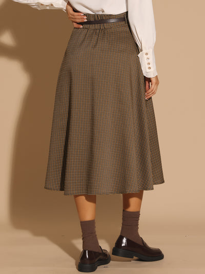 Women's Vintage Checked High Waist Belted A-Line Plaid Skirt