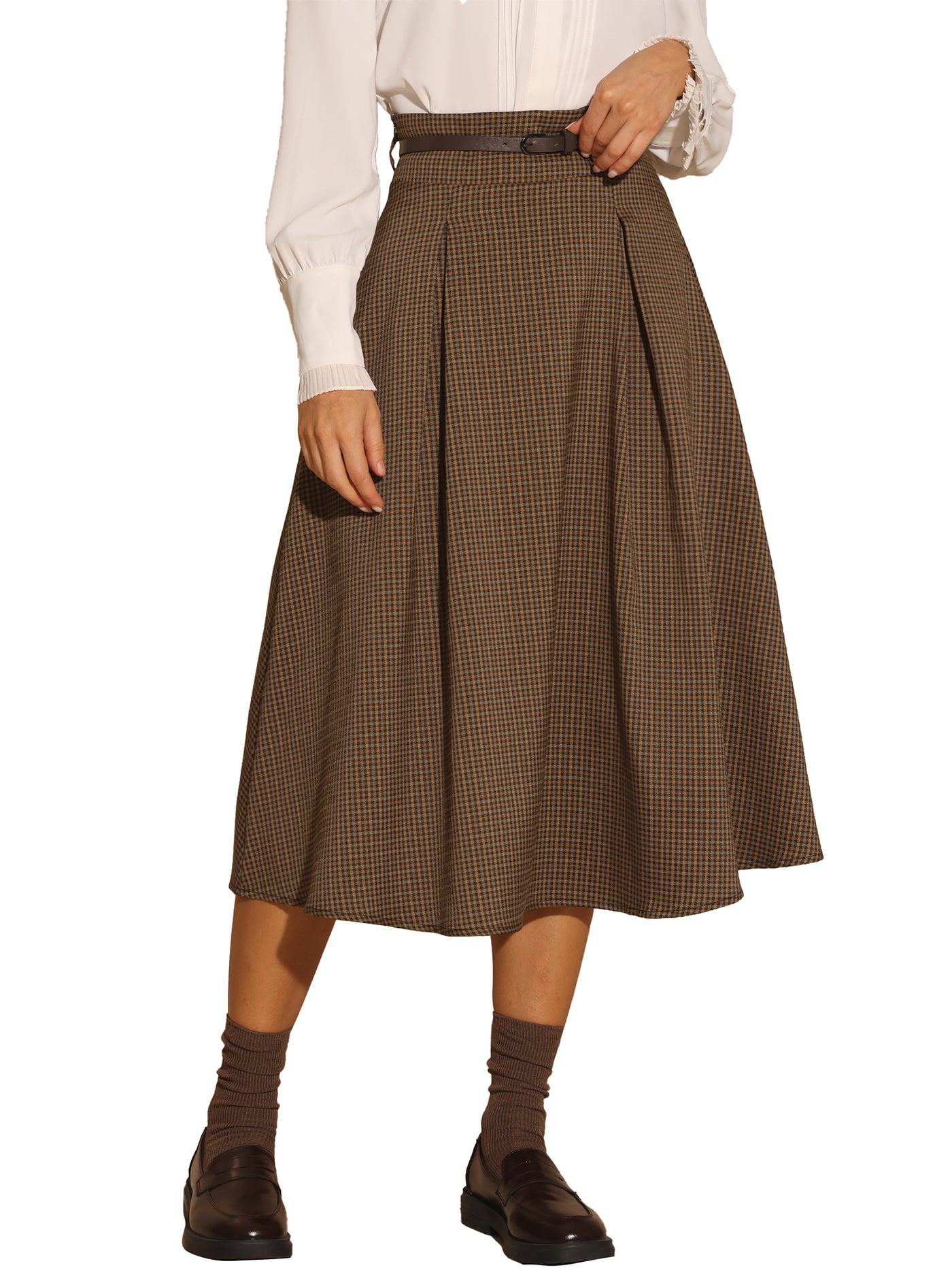 Allegra K Women's Vintage Checked High Waist Belted A-Line Plaid Skirt