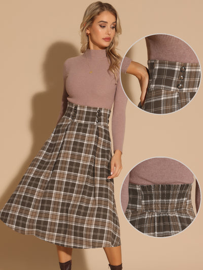 Plaid High Elastic Waist Skirt Vintage Fall Winter A-Line Midi Skirt