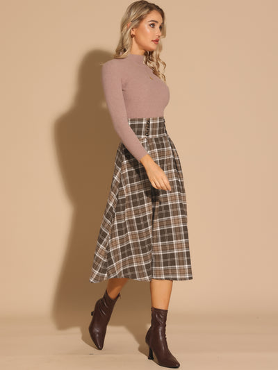 Plaid High Elastic Waist Skirt Vintage Fall Winter A-Line Midi Skirt