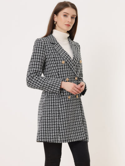 Lapel Collar Elegant Double Breasted Plaid Tweed Blazer Coat