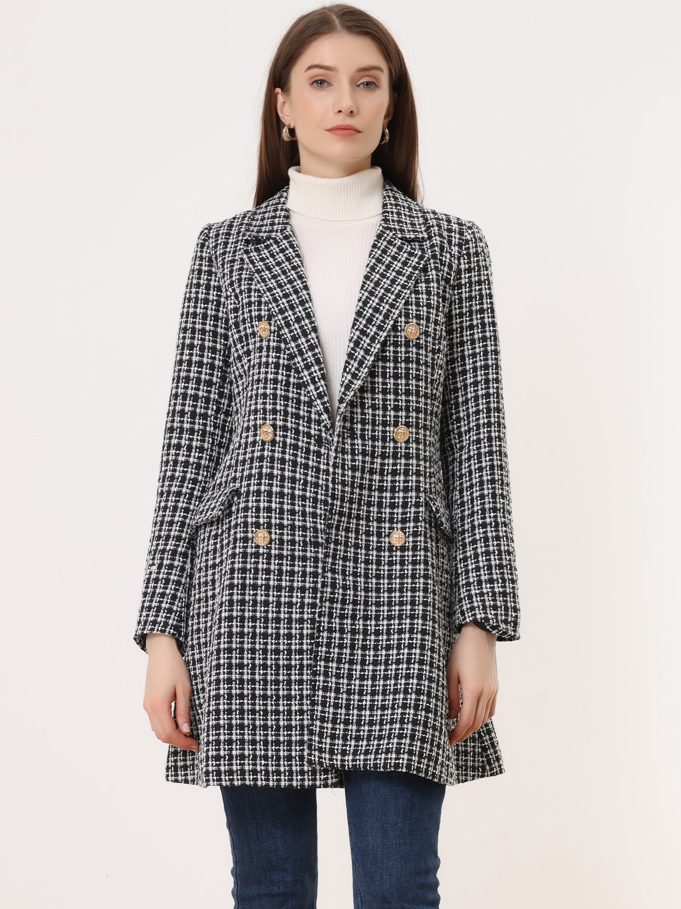 Allegra K Lapel Collar Elegant Double Breasted Plaid Tweed Blazer Coat