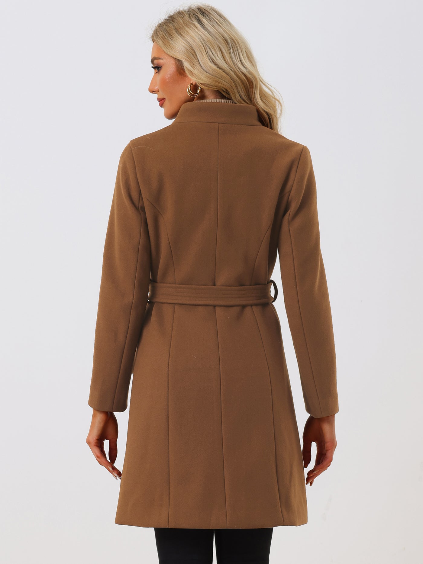 Allegra K Belted Stand Collar Winter Fully Lined Belted Coats