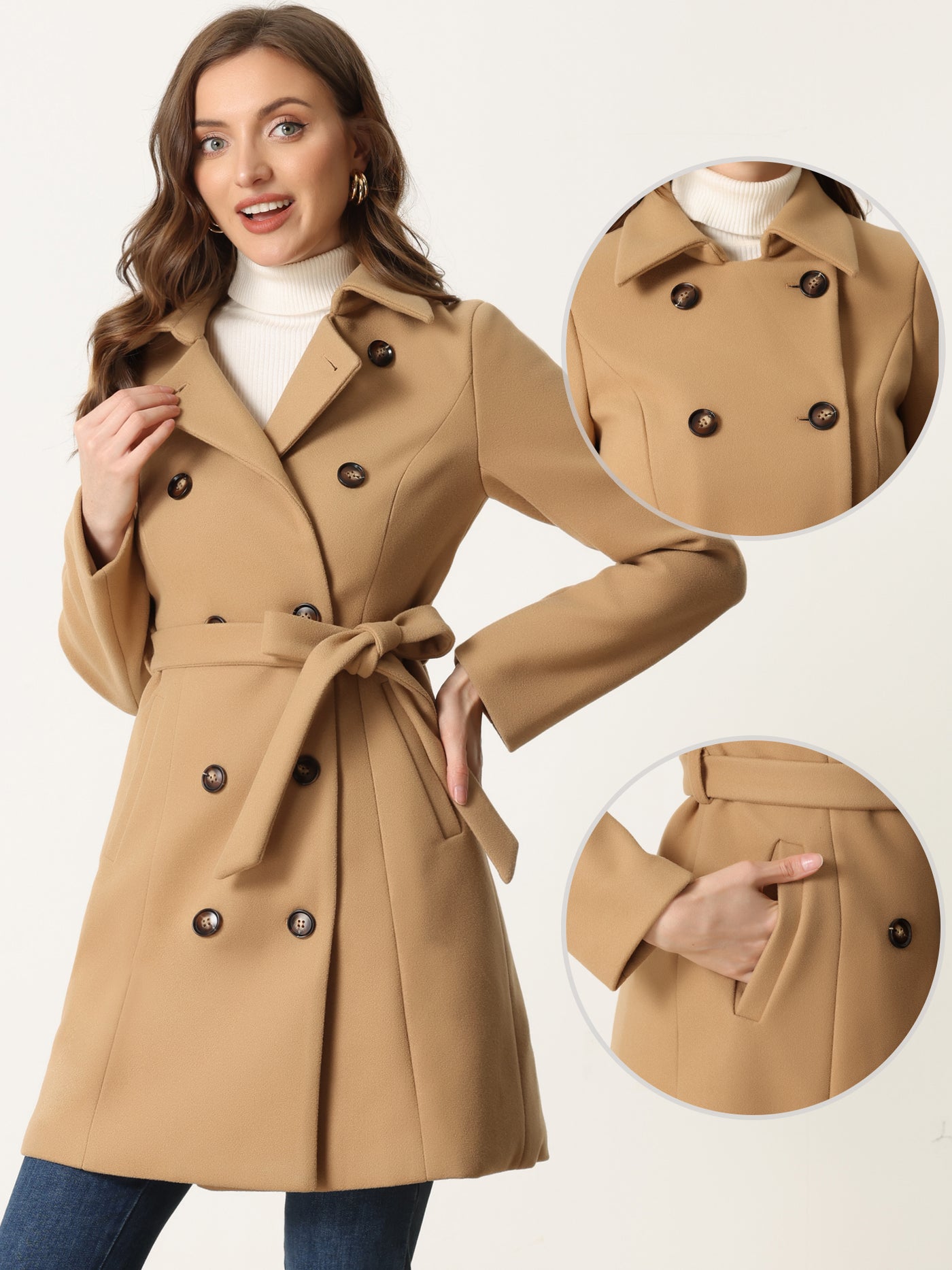 Allegra K Lapel Double Breasted Slant Pocket Button Belted Pea Coats