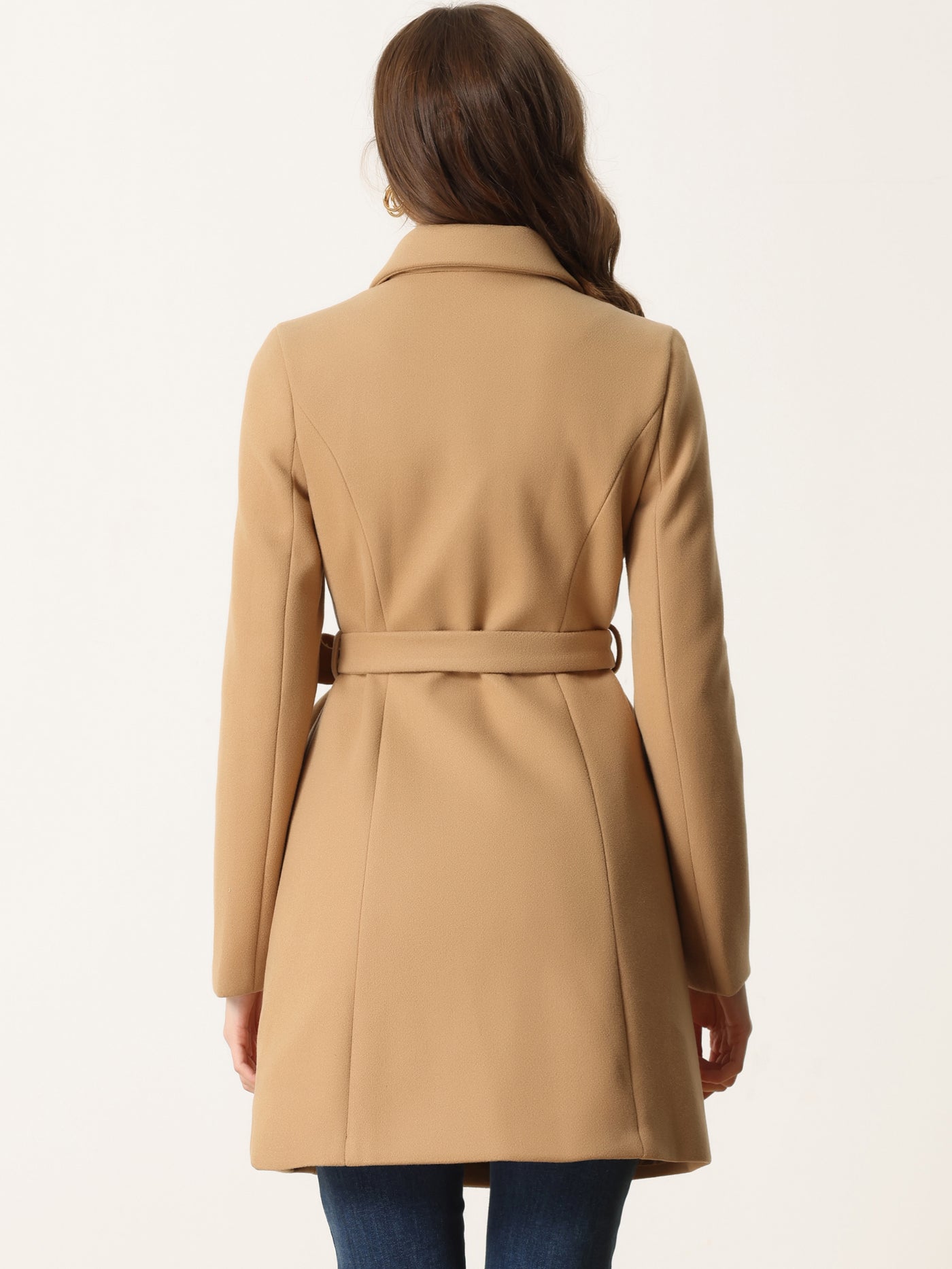 Allegra K Lapel Double Breasted Slant Pocket Button Belted Pea Coats