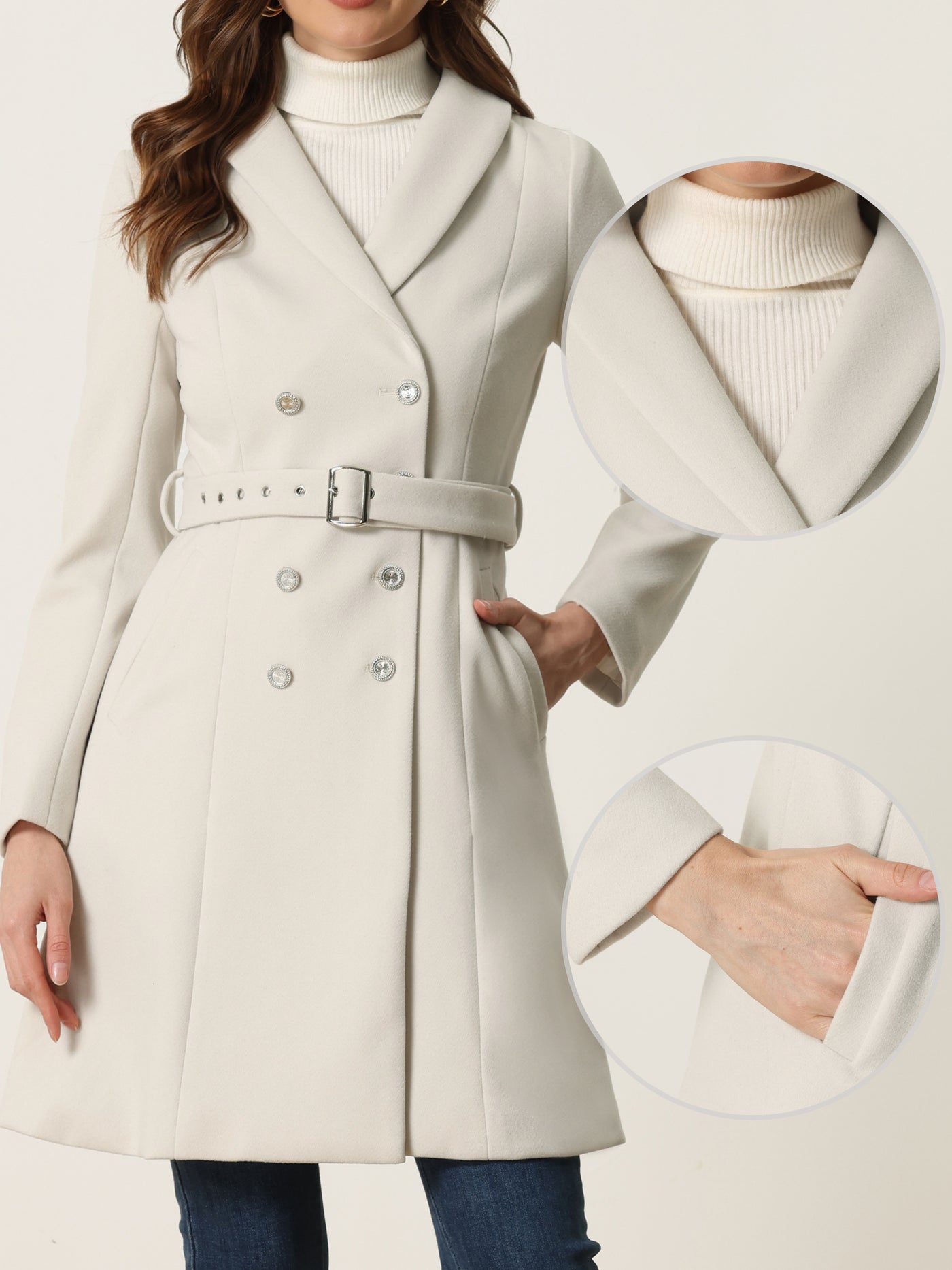Allegra K Double Breasted Winter Coat Flat Collar Belted Pockets