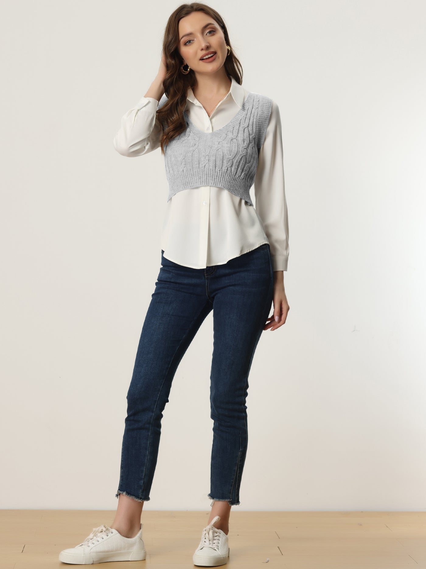Allegra K Cable Knit Crop Sweater Vest Deep V-Neck Knitwear Tank Tops