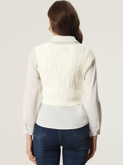 Cable Knit Crop Sweater Vest Deep V-Neck Knitwear Tank Tops