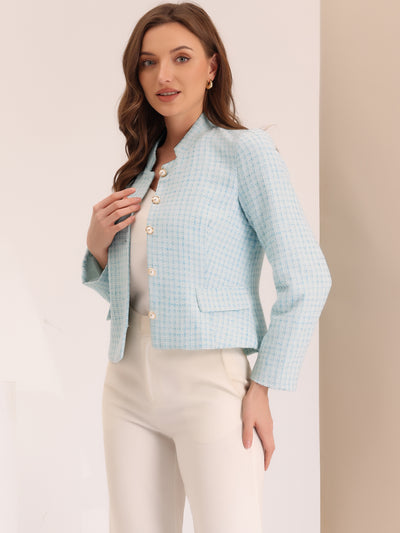 Plaid Tweed Blazer Long Sleeve Button Down Work Office Short Jacket