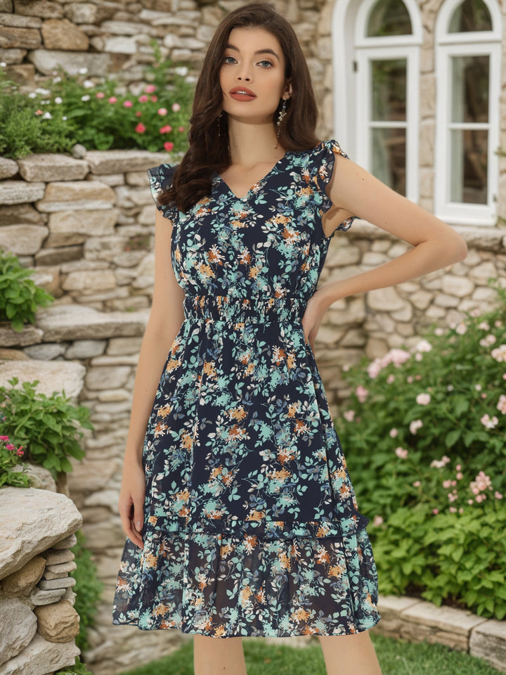 smocked ruffle dress Lt. Blue/White Print Strap Midi 20 20.5 21 Bust Smocked Ruffle Neck Dress- Pink