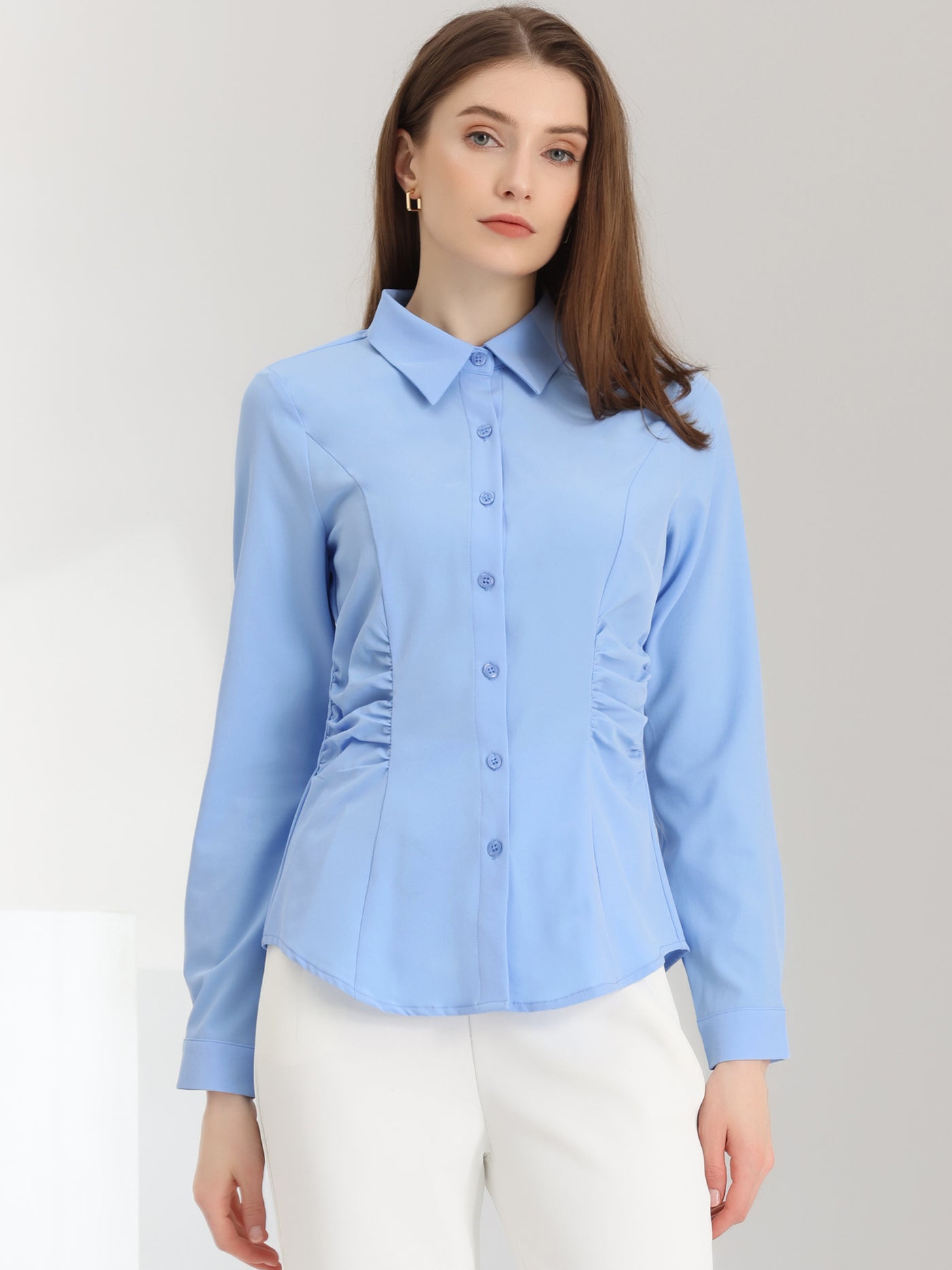 Allegra K Long Sleeve Office Shirt Button Down Work Ruched Waist Tops