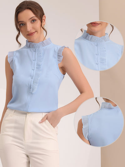 Sleeveless Shirt Button Up Solid Color Ruffle Summer Blouse