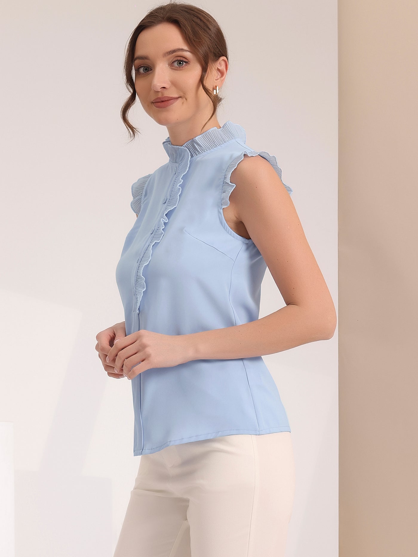 Allegra K Sleeveless Shirt Button Up Solid Color Ruffle Summer Blouse
