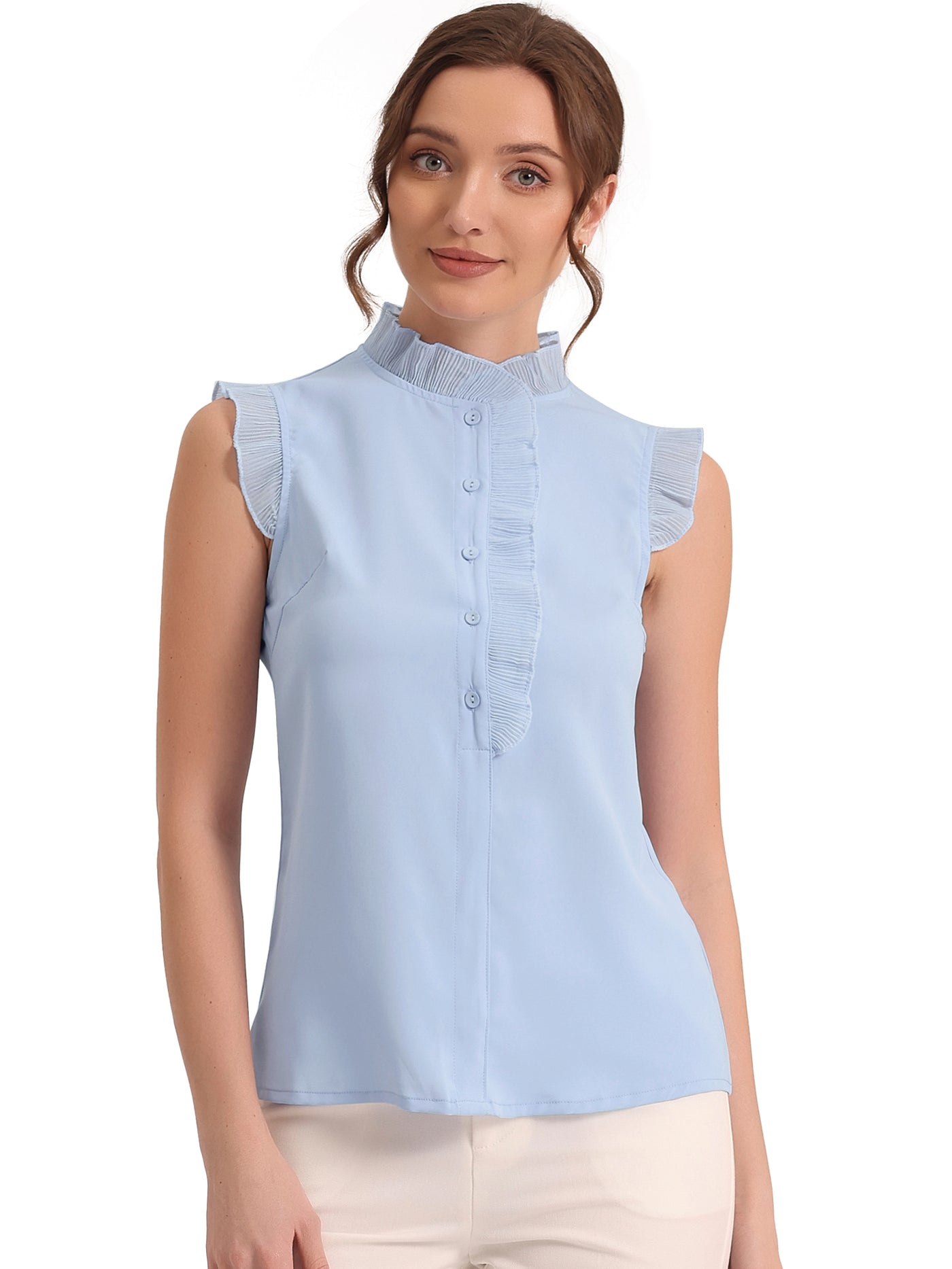 Allegra K Sleeveless Shirt Button Up Solid Color Ruffle Summer Blouse