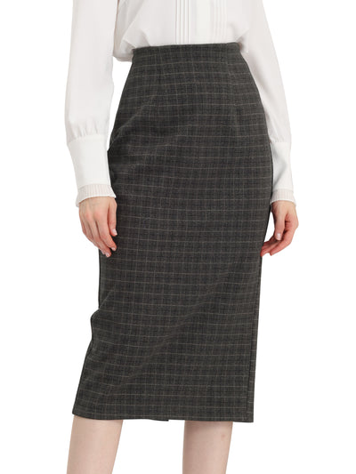 Women's Checked Plaid Printed High Waist Zipper Back Split Bodycon Midi Skirt