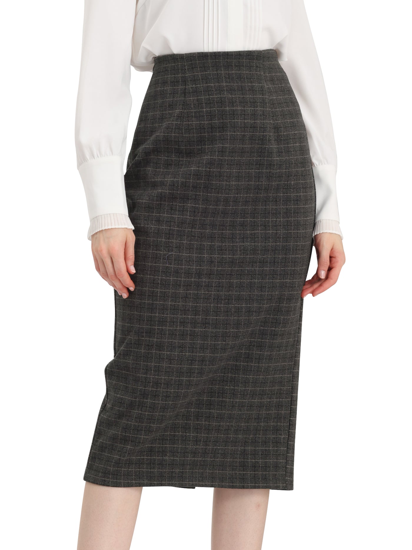 Allegra K Women's Checked Plaid Printed High Waist Zipper Back Split Bodycon Midi Skirt