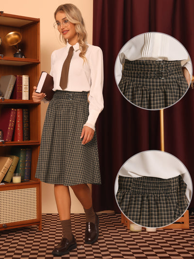 Plaid Vintage High Waist Double Belted A-Line Midi Skirt