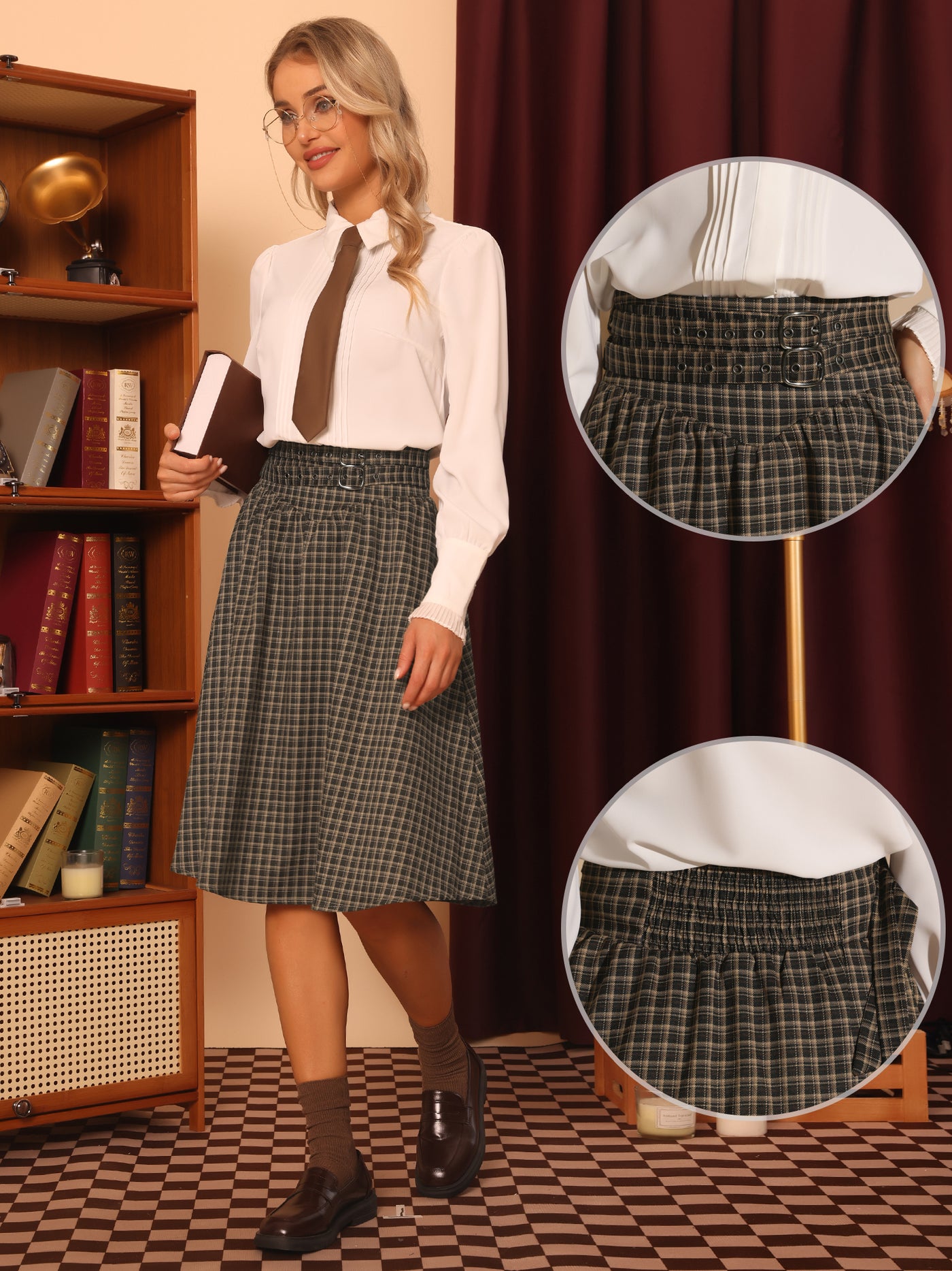 Allegra K Plaid Vintage High Waist Double Belted A-Line Midi Skirt