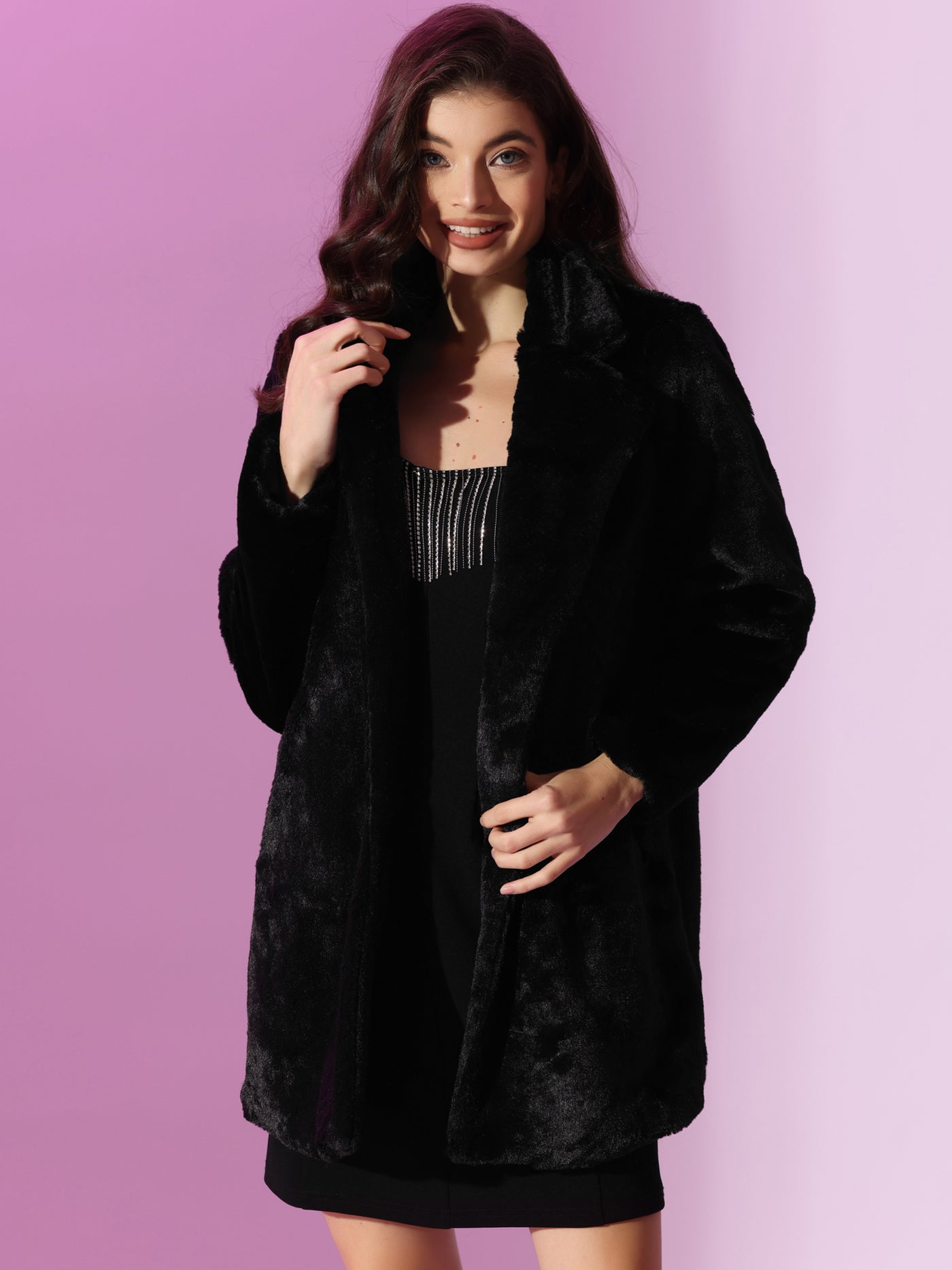 Allegra K Lapel Collar Faux Fur Fuzzy Winter Warm Pockets Coat Jacket