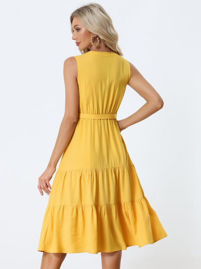 Summer Sleeveless Casual Elastic Waist Belted Tiered Midi Dress Sundress