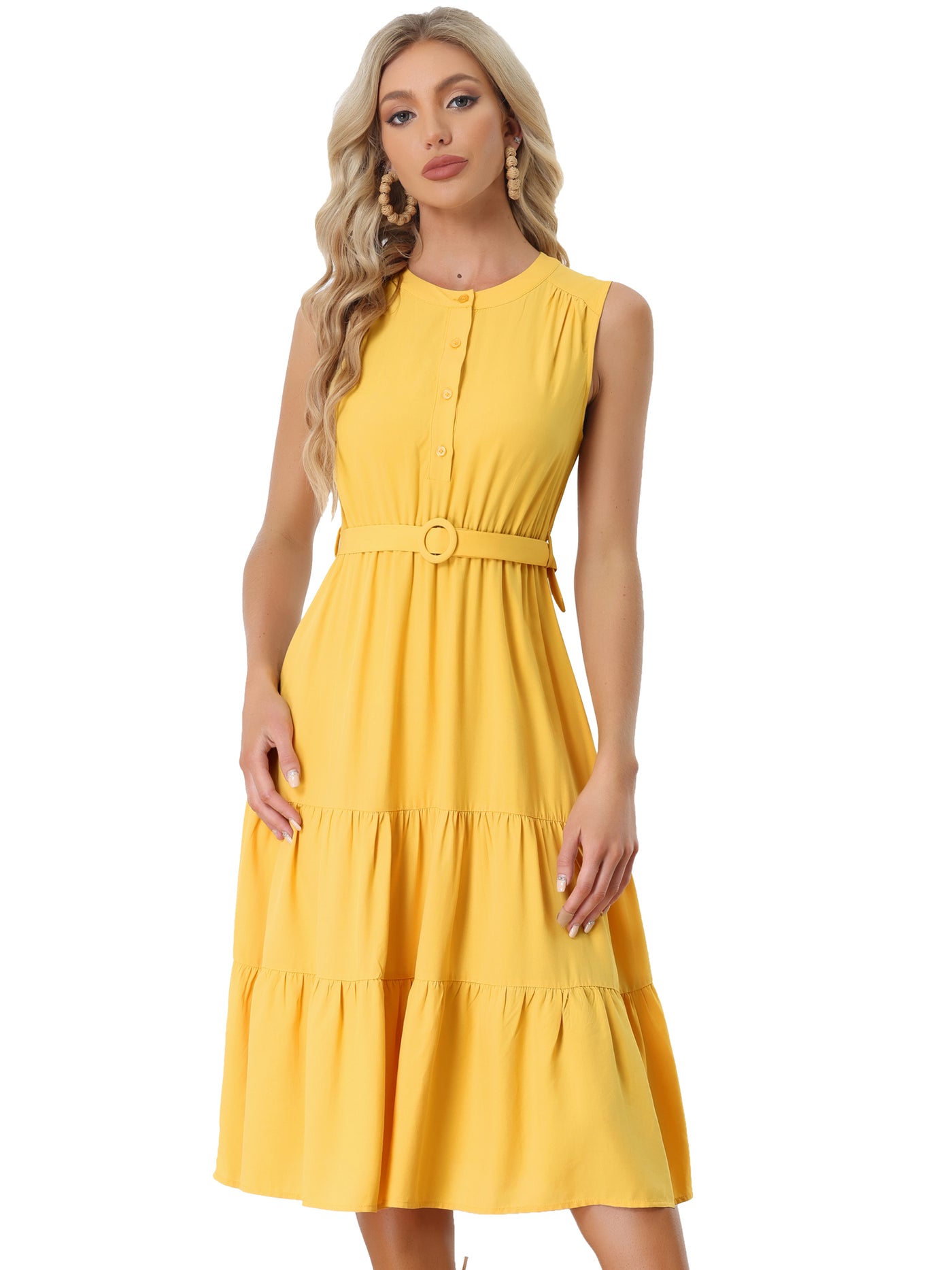 Allegra K Summer Sleeveless Casual Elastic Waist Belted Tiered Midi Dress Sundress