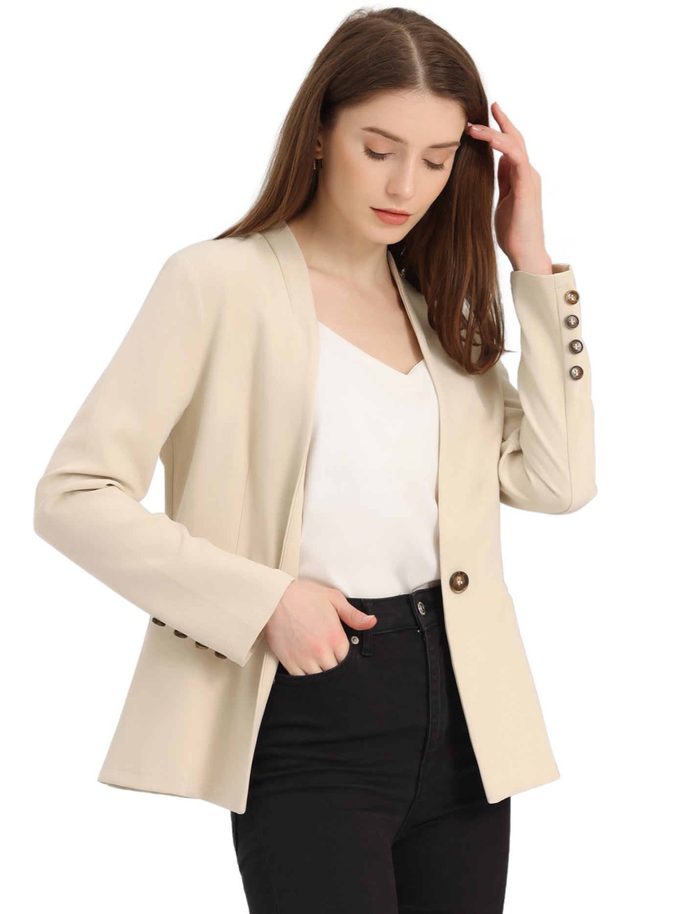 Allegra K Stand Collar Jacket Buttoned Long Sleeve Casual Blazer