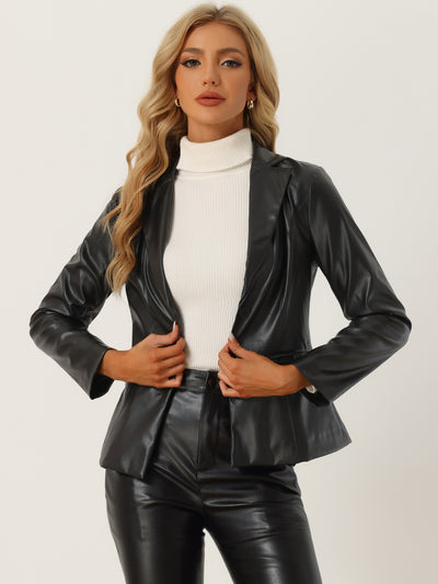 Faux Leather Jacket Notched Lapel Single-Breasted Blazer Coat