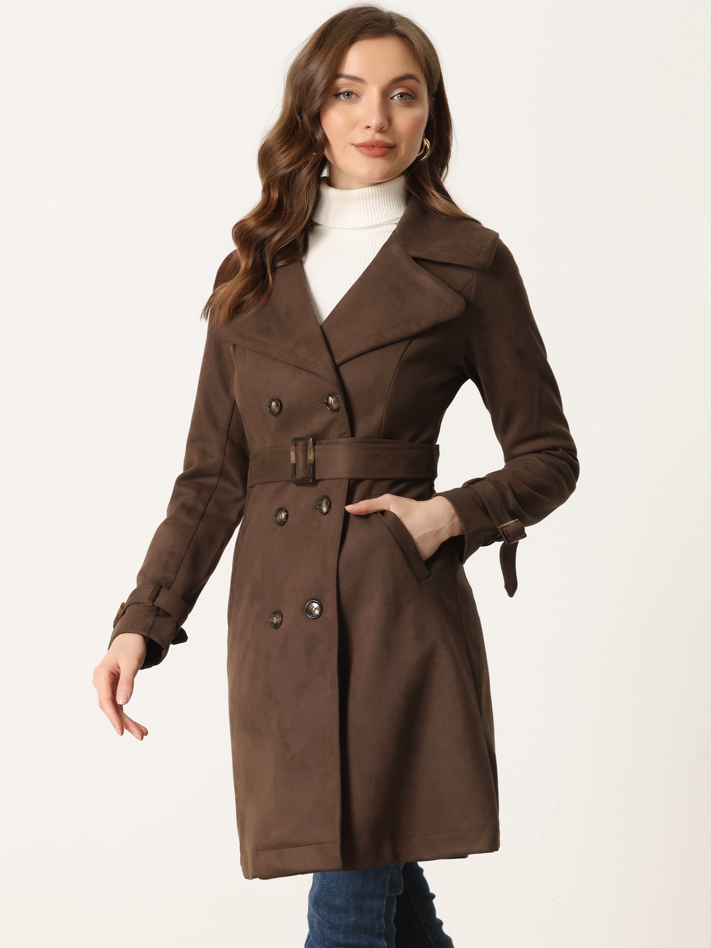 Allegra K Faux Suede Notched Cuff Solid Double Breasted Tie Belt Trench Coat