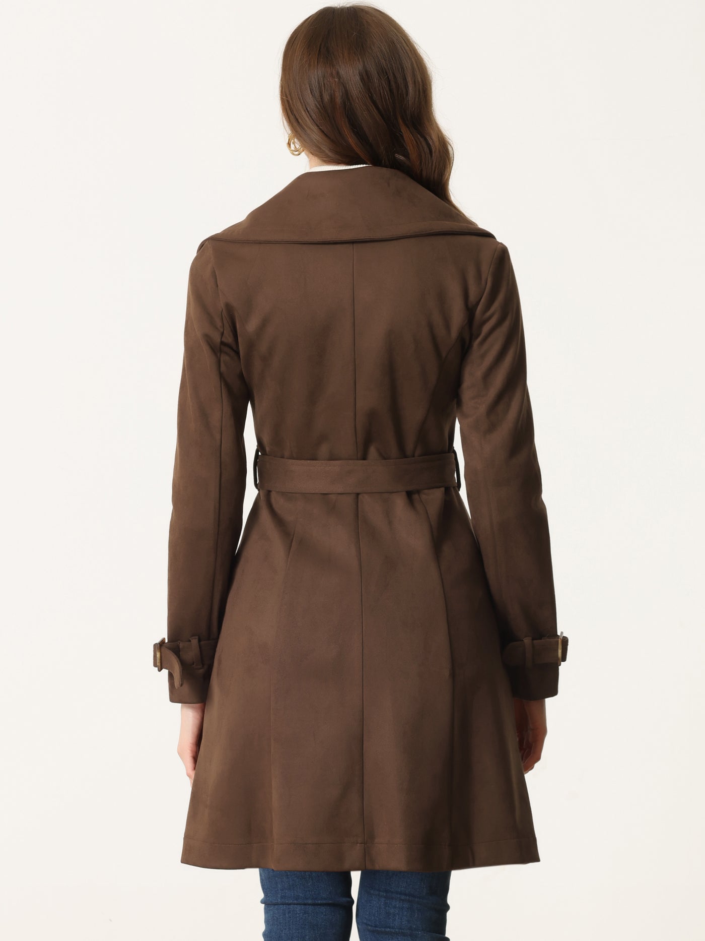 Allegra K Faux Suede Notched Cuff Solid Double Breasted Tie Belt Trench Coat