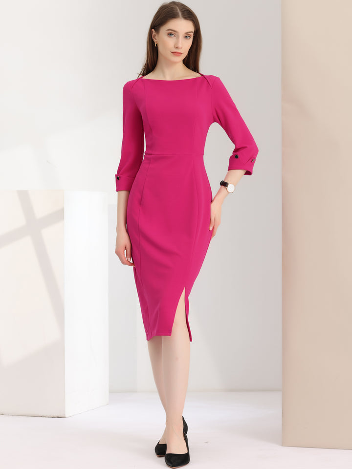 midi sheath dresses with sleeves Allegra K Elegant Boat Neck 3/4 Sleeves Work Midi Split Sheath Dress, Fuchsia / 2XL
