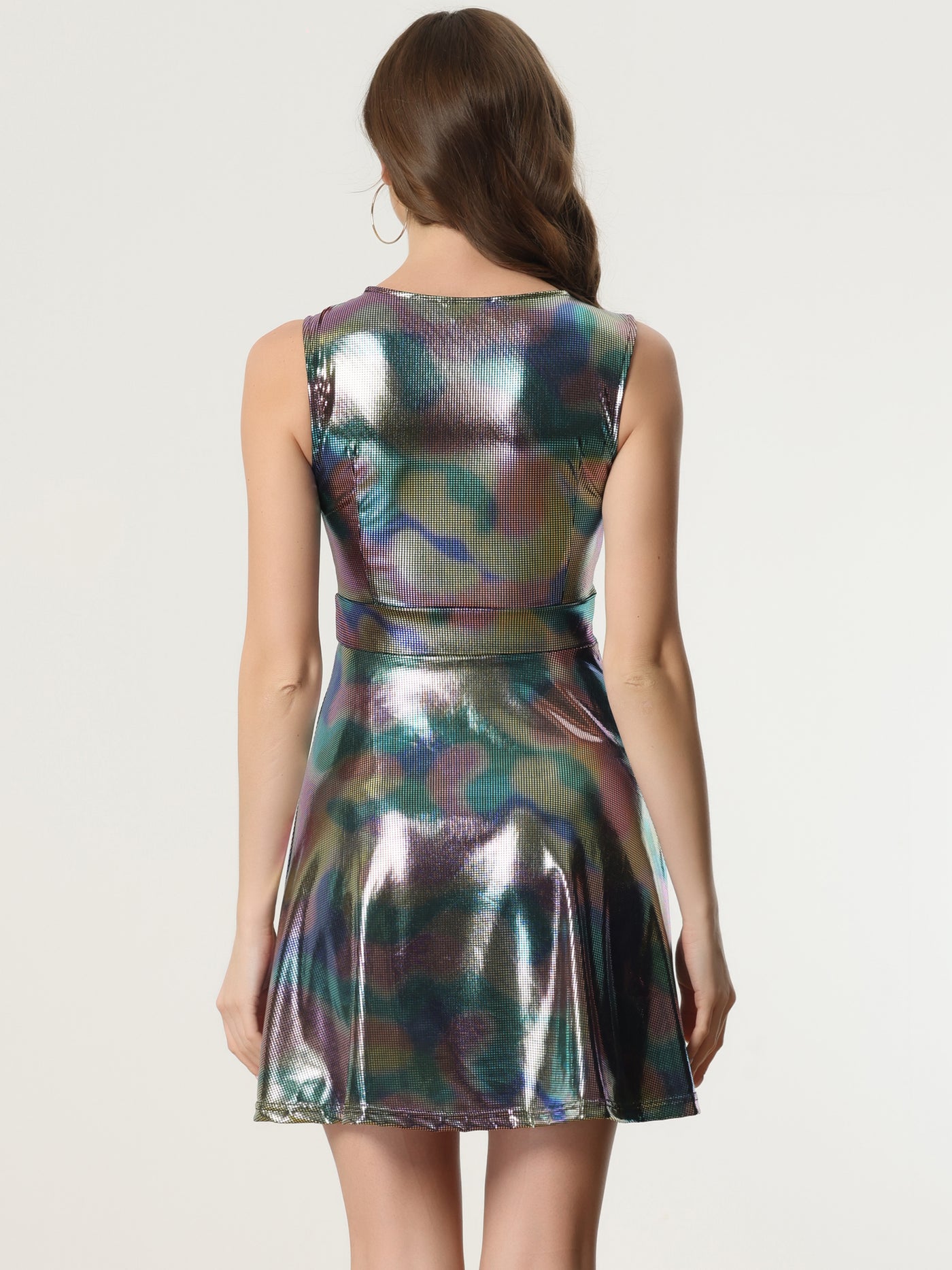 Allegra K Metallic Sleeveless High Waist Club Party Holographic Dress