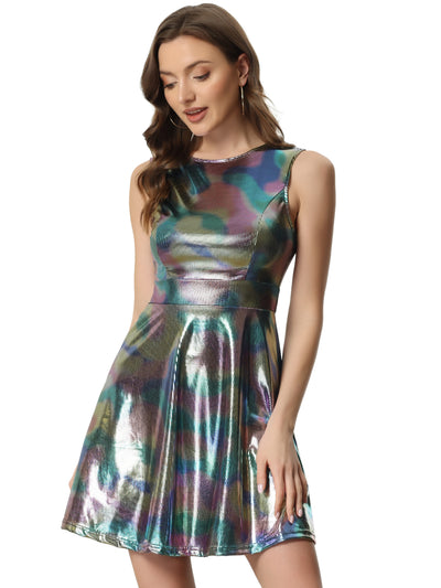 Metallic Sleeveless High Waist Club Party Holographic Dress
