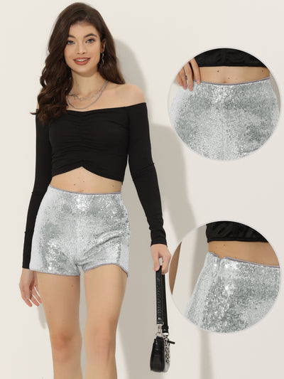 Sequin Midrise Solid Sparkle Cocktail Zipper Elastic Waist Shorts
