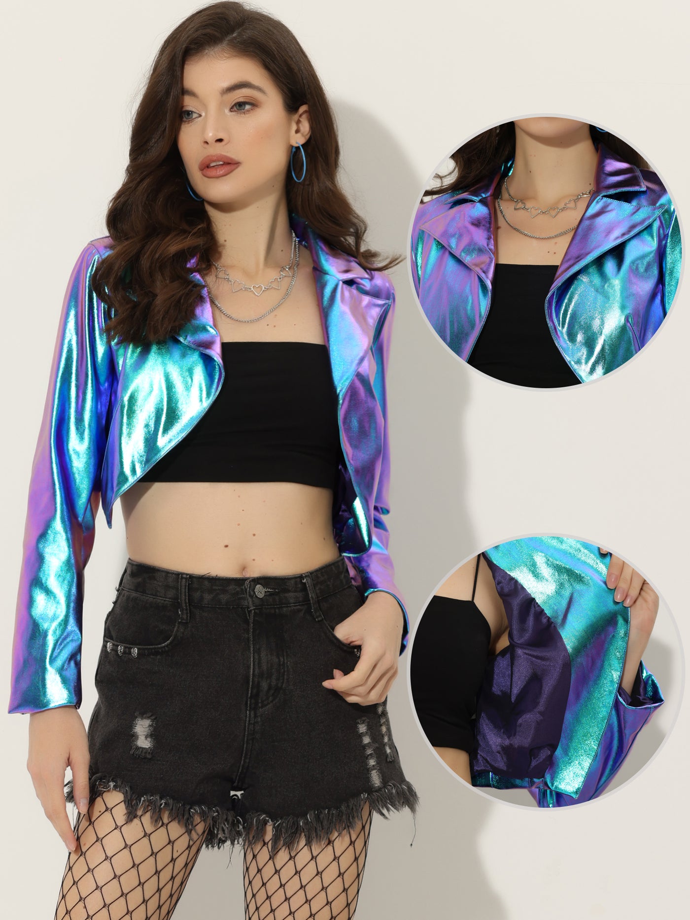 Allegra K Holographic Long Sleeve Lapel Crop Shiny Party Metallic Jacket
